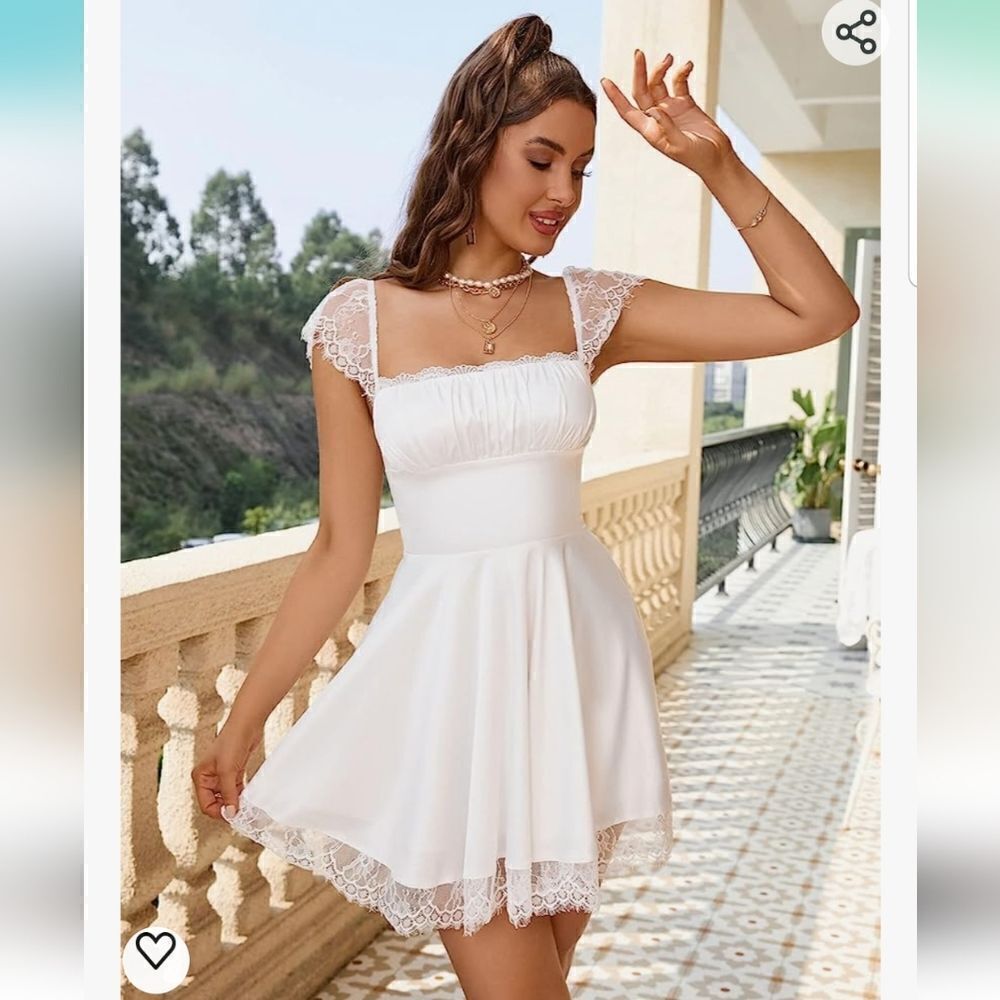 Women's Satin Lace Strap Mini Dress Square Neck Flowy A-Line Ruffle Swing Casual